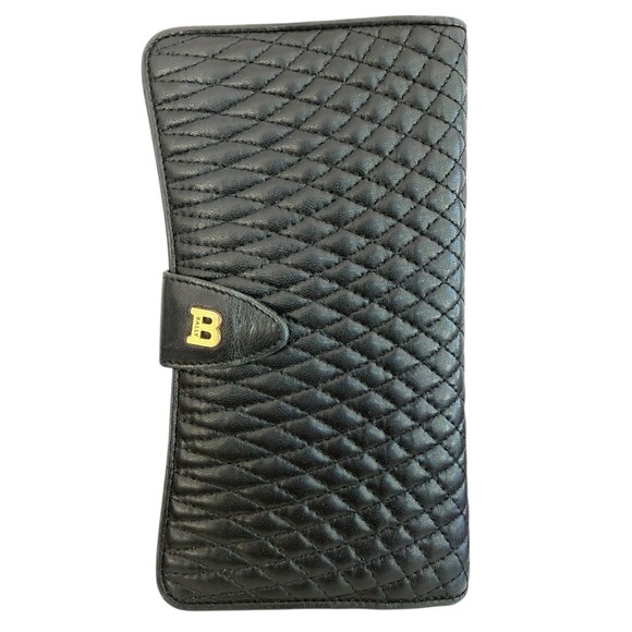 Bally Vintage Quilted Black Leather Continental Wallet with Left-Opening Tab